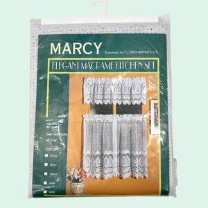 VINTAGE NIP MARCY ELEGANT MACRAME CAFE KITCHEN WHITE CURTAIN SET VALANCE TIERS